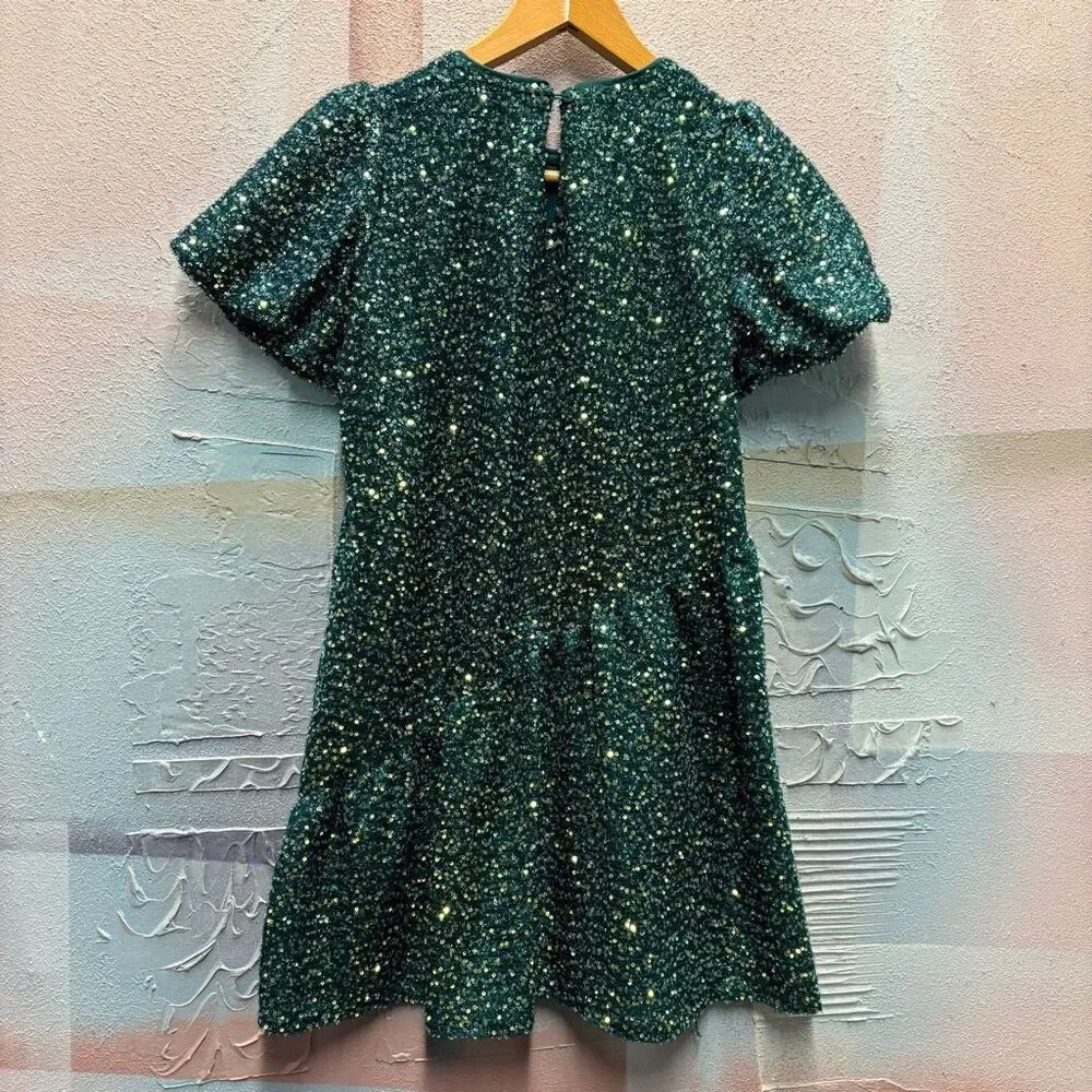 Hayden Girls L Green Sequin Puff Sleeve Dress Christmas Holiday Glam Preppy Chic